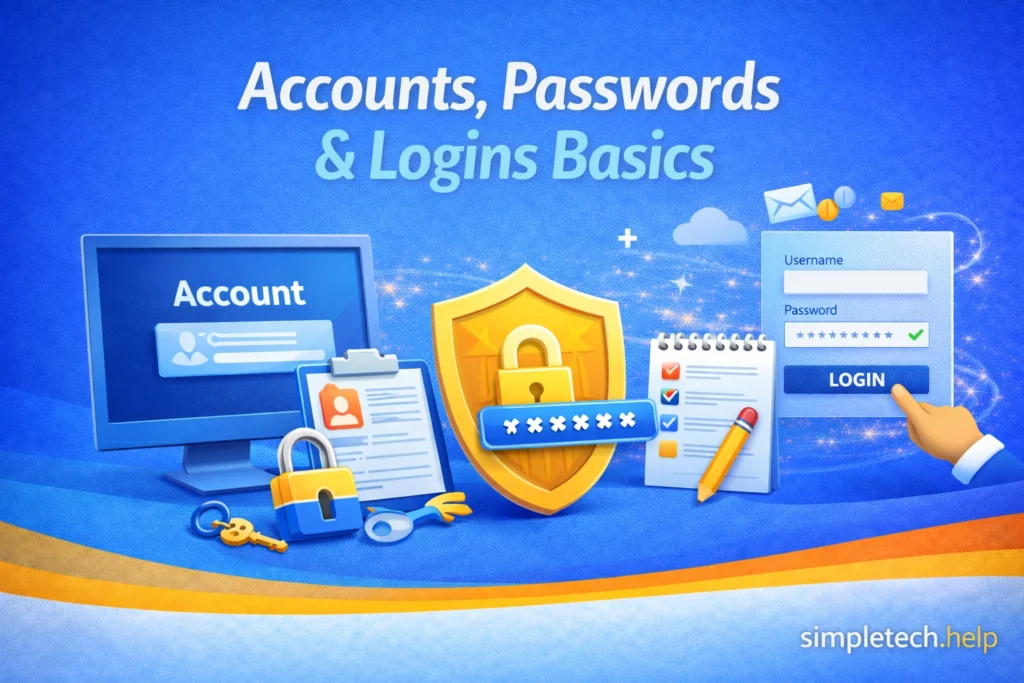 Accounts, Passwords, and Logins security basics graphic illustration