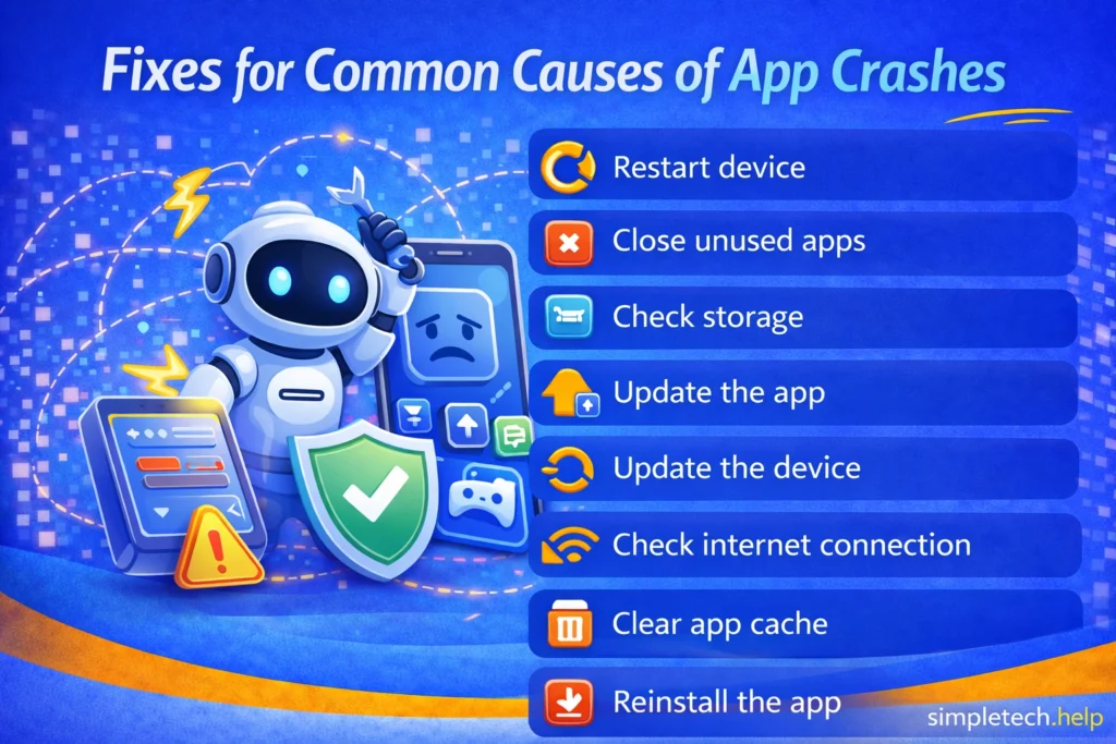 fixes for common causes of app crashes list graphic illustration