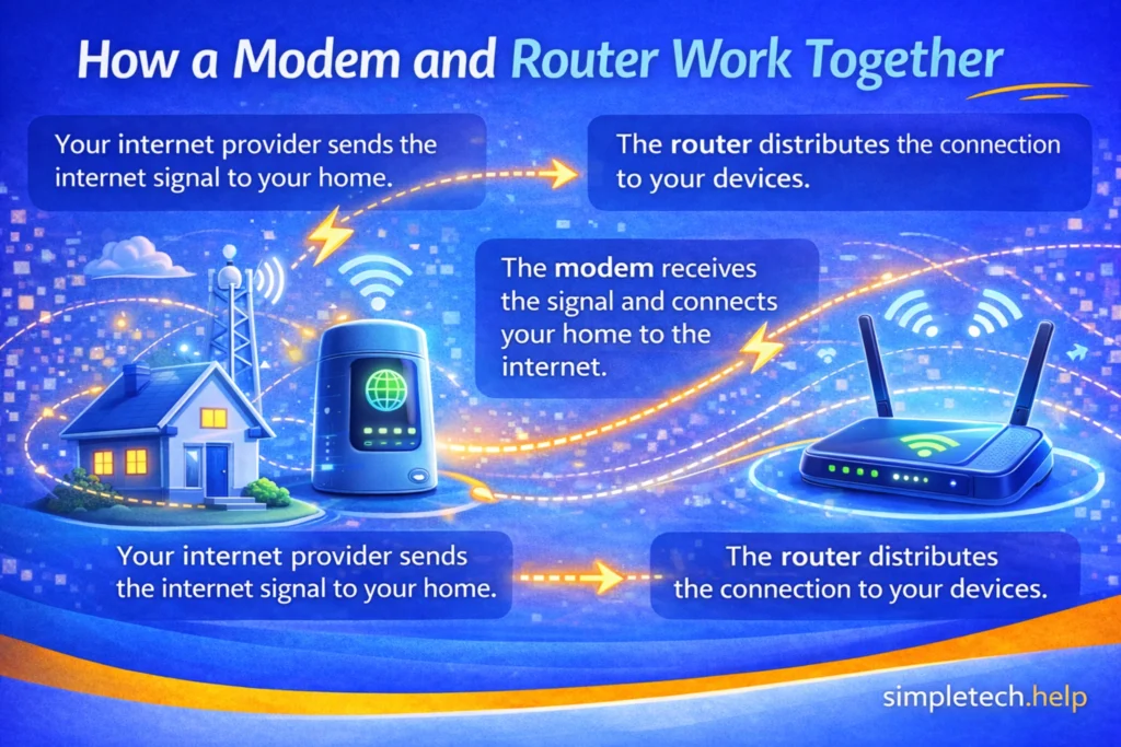 how routers and modems work together graphic illustration