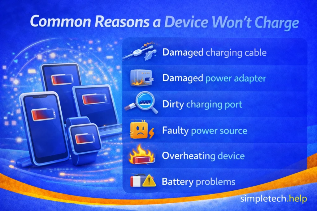 common reasons a device won't charge graphic illustration