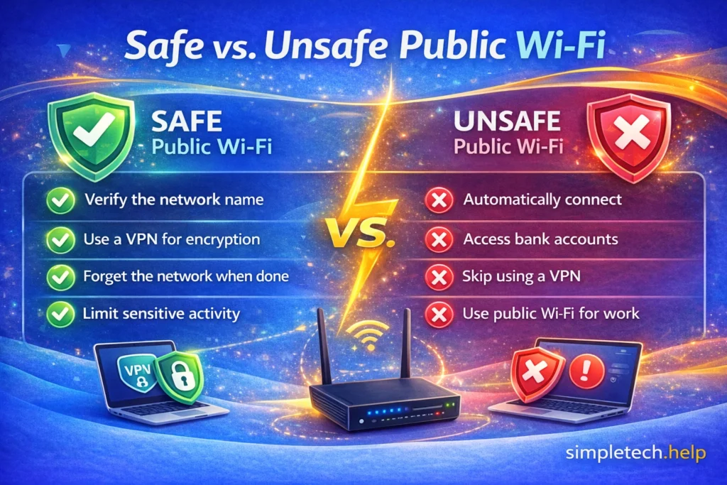 safe vs. unsafe public wi-fi practices graphic illustration